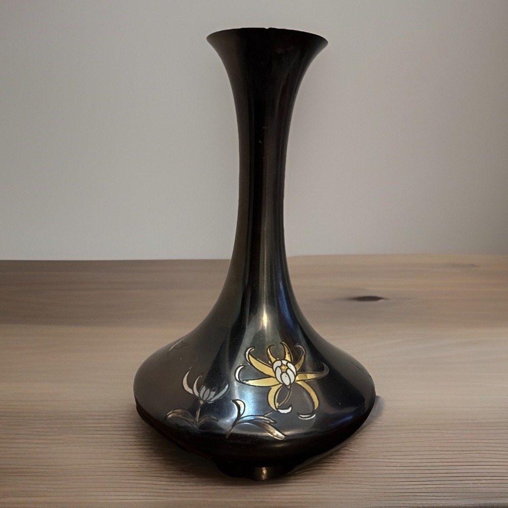 Japanese Vintage Black Metal Floral Vase with‎ Narrow Neck 7" Tall